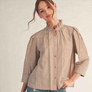 JODIFL RUST & WHITE STRIPED BUTTON UP RUFFLE COLLAR TOP